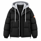Men's hooded quilted puffer jacket with long sleeves and front zip fastening
