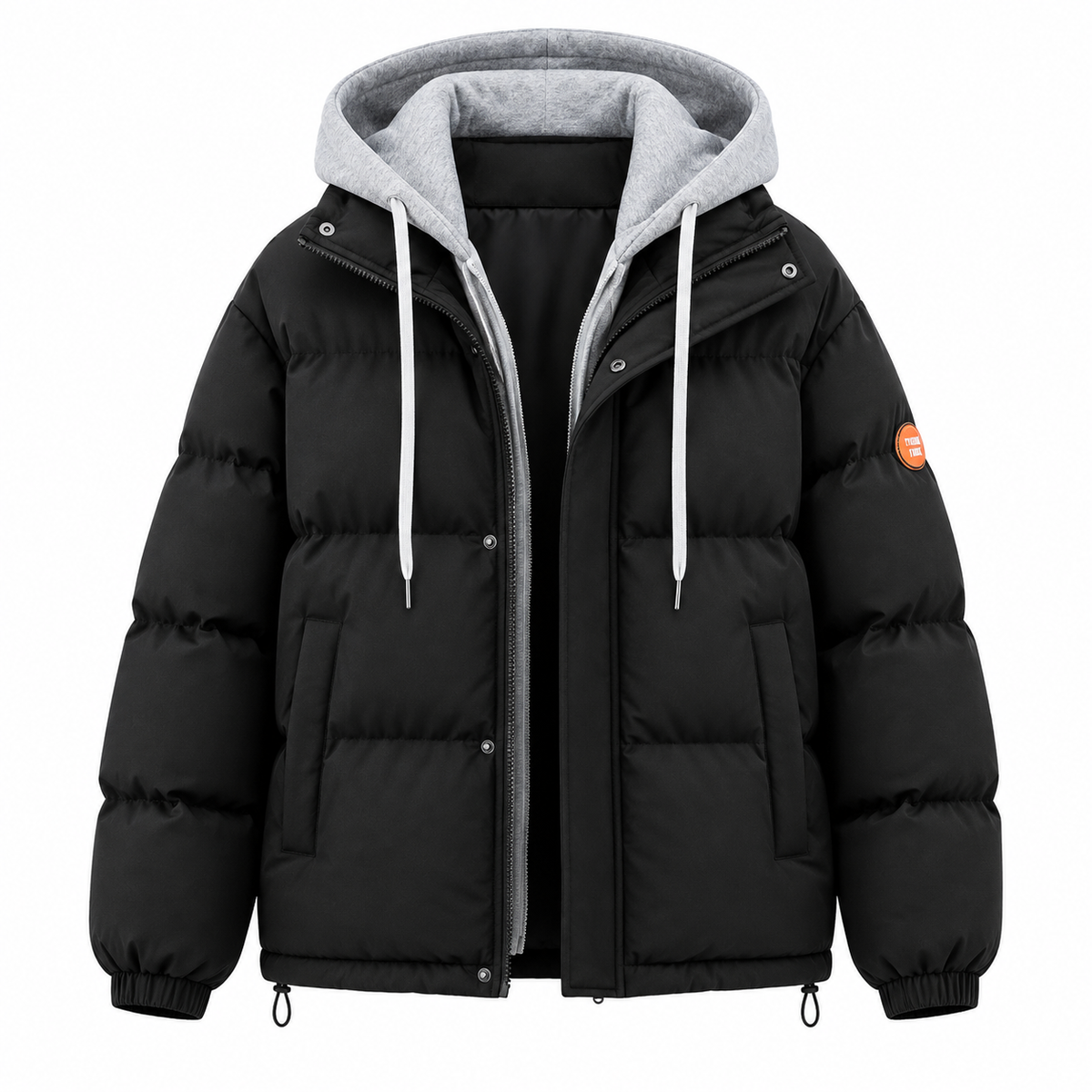 Men's hooded quilted puffer jacket with long sleeves and front zip fastening