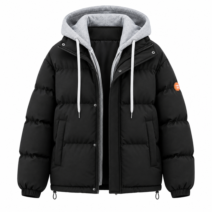 Men's hooded quilted puffer jacket with long sleeves and front zip fastening