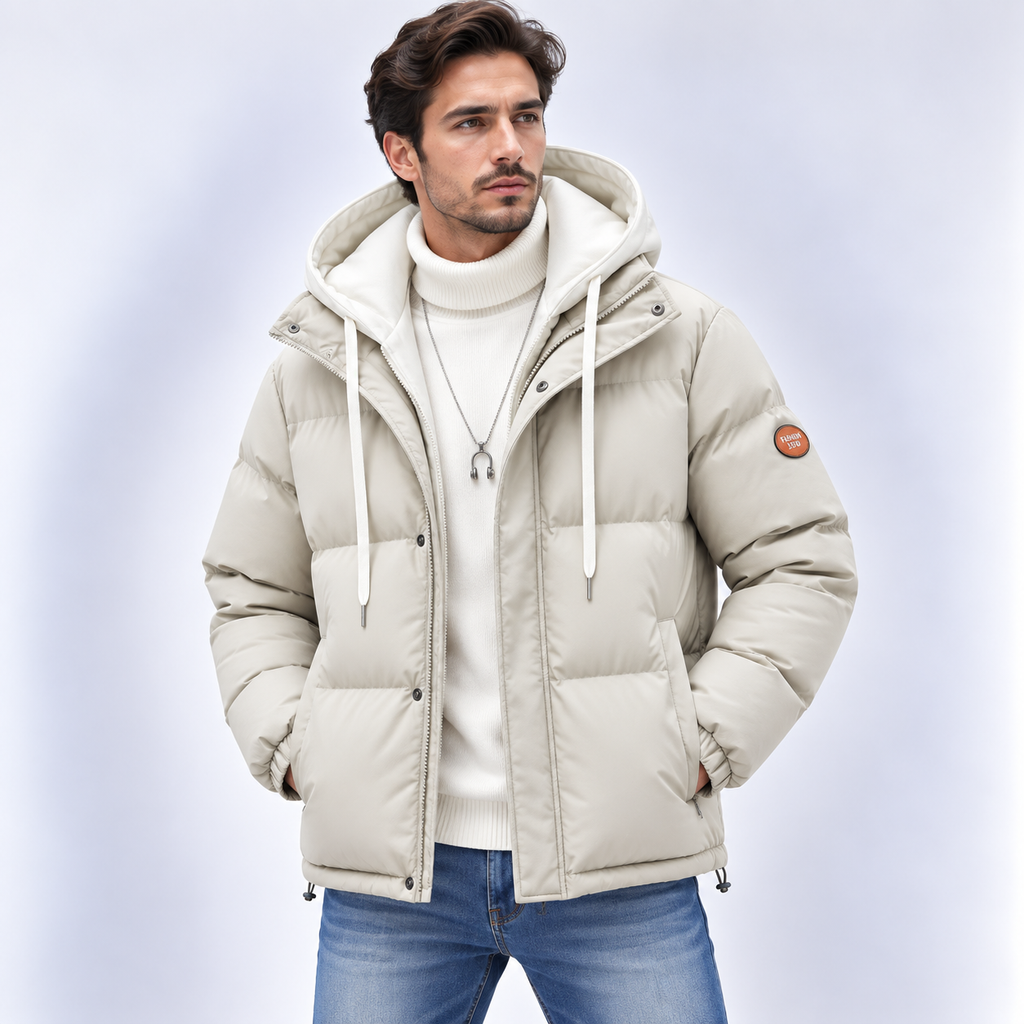 Men's hooded quilted puffer jacket with long sleeves and front zip fastening