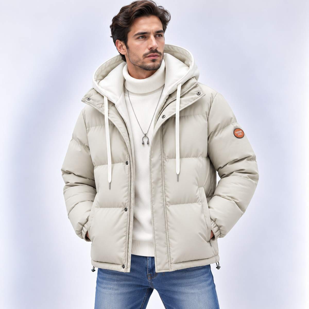 Men's hooded quilted puffer jacket with long sleeves and front zip fastening