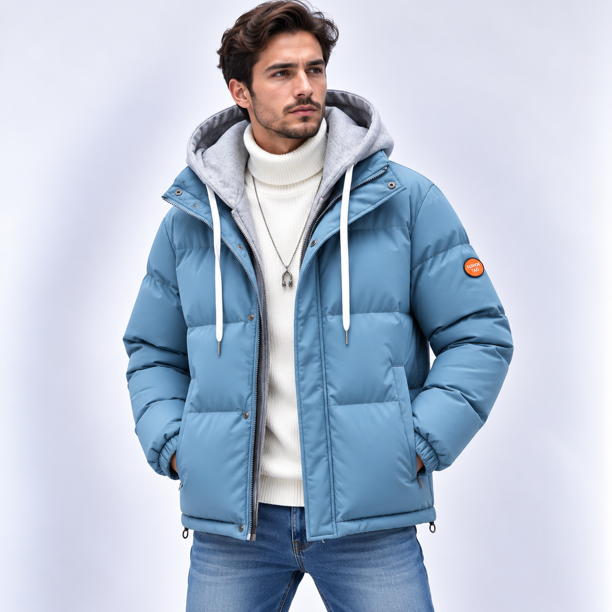 Men's hooded quilted puffer jacket with long sleeves and front zip fastening
