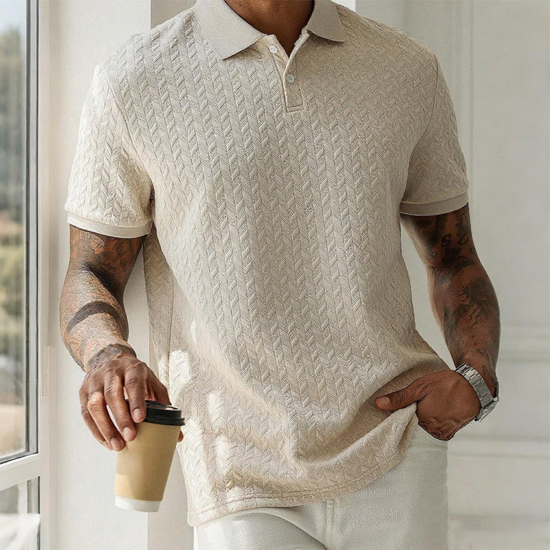 Men's textured cable knit polo shirt with collar and short sleeves