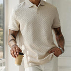 Men's textured cable knit polo shirt with collar and short sleeves