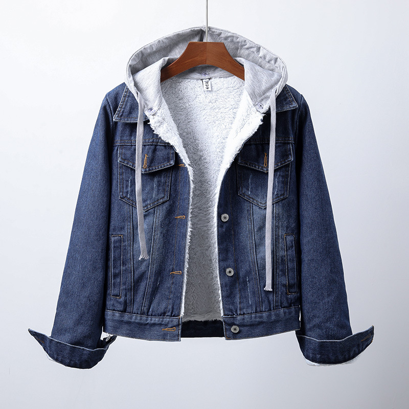 Women's hooded denim jacket with contrasting sherpa-style lining and button front