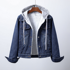 Women's hooded denim jacket with contrasting sherpa-style lining and button front
