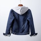 Women's hooded denim jacket with contrasting sherpa-style lining and button front