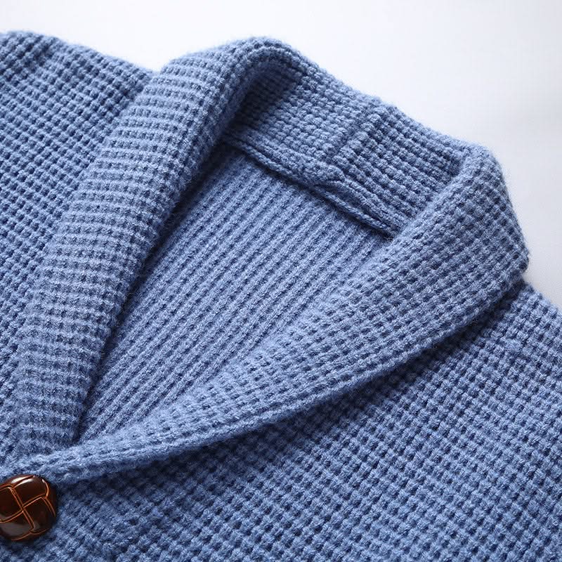 Textured knitted cardigan with shawl collar, buttons and patch pockets