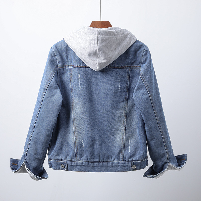 Women's hooded denim jacket with contrasting sherpa-style lining and button front