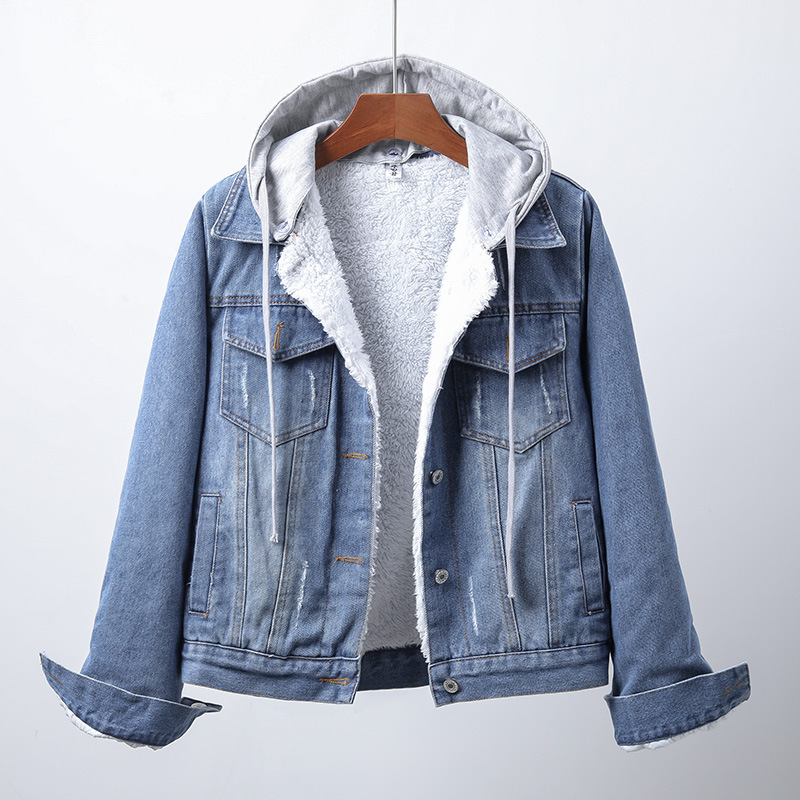 Women's hooded denim jacket with contrasting sherpa-style lining and button front