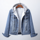 Women's hooded denim jacket with contrasting sherpa-style lining and button front