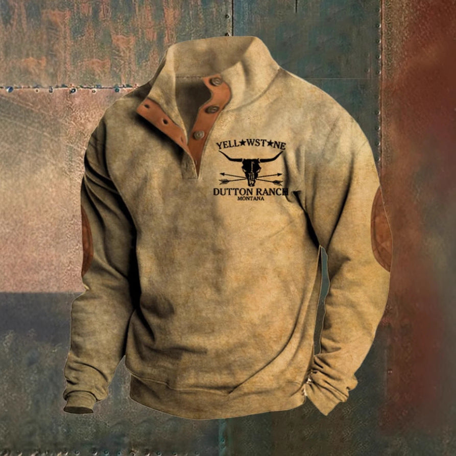 Men's textured quarter-zip sweater with high collar and chest graphic