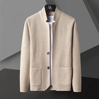 Men's textured knit cardigan with stand collar and patch pockets