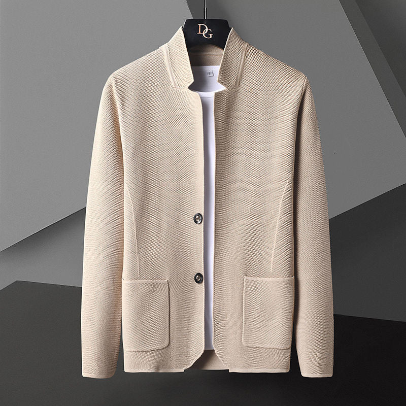 Men's textured knit cardigan with stand collar and patch pockets
