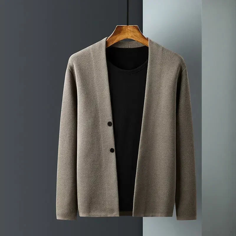 Men's plain knit cardigan with open front and buttons