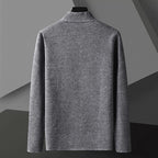 Men's textured knit cardigan with stand collar and patch pockets