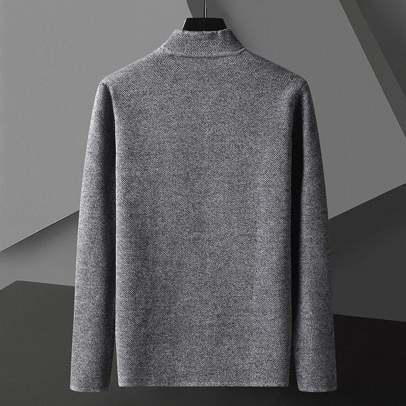 Men's textured knit cardigan with stand collar and patch pockets
