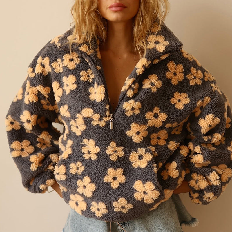 Women's floral half-zip pullover with stand collar and long sleeves