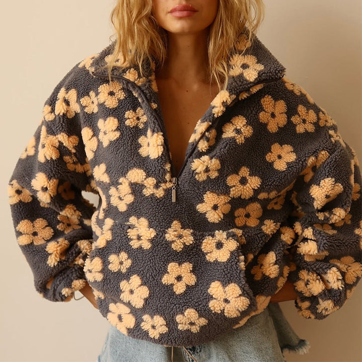 Women's floral half-zip pullover with stand collar and long sleeves
