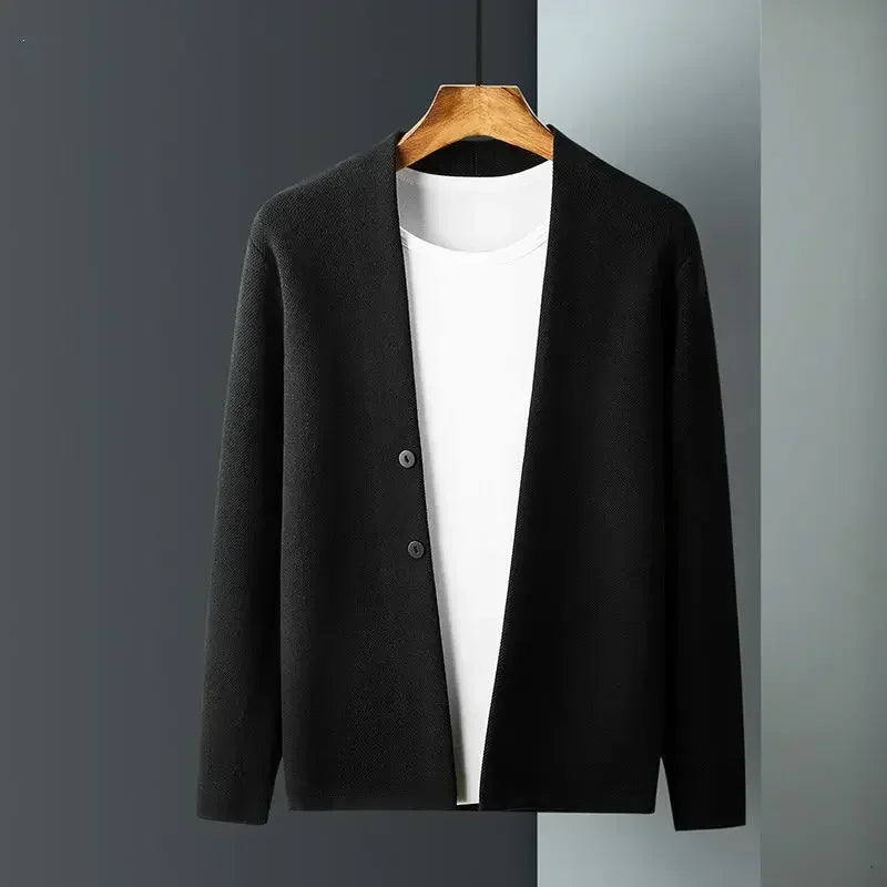 Men's plain knit cardigan with open front and buttons