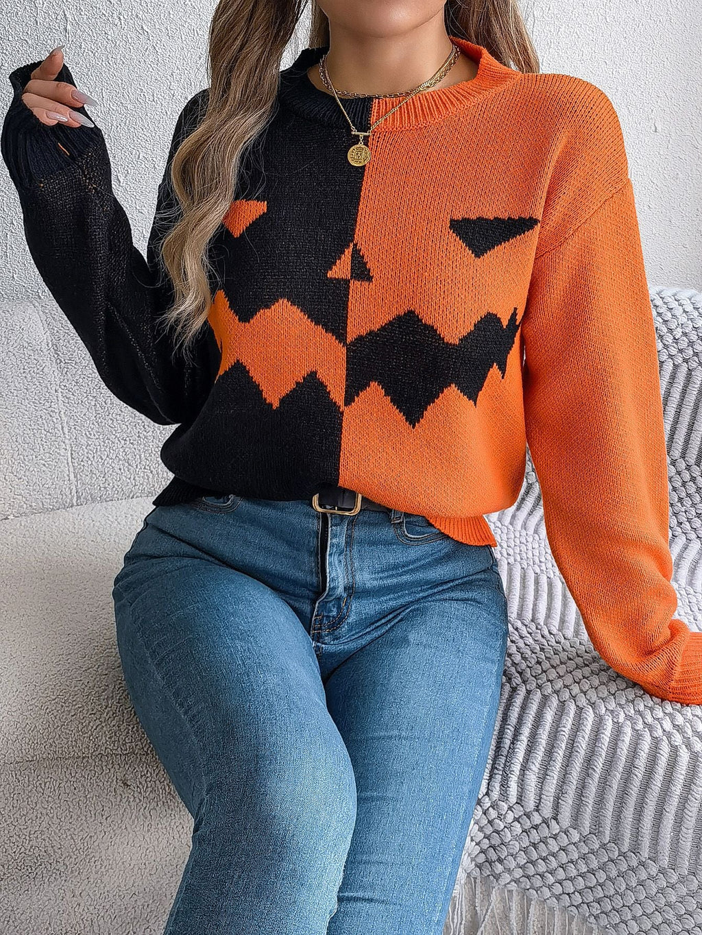 Women's graphic knit sweater with crew neckline and ribbed trims