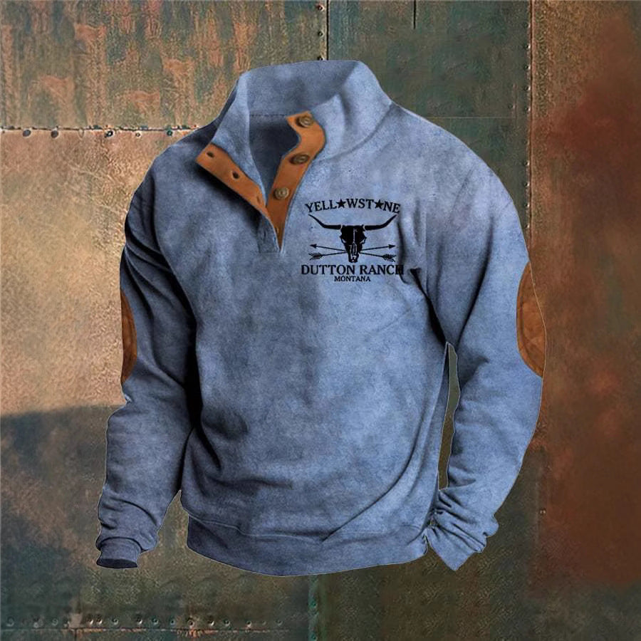 Men's textured quarter-zip sweater with high collar and chest graphic