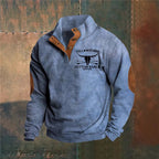 Men's textured quarter-zip sweater with high collar and chest graphic