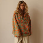Women's floral half-zip pullover with stand collar and long sleeves