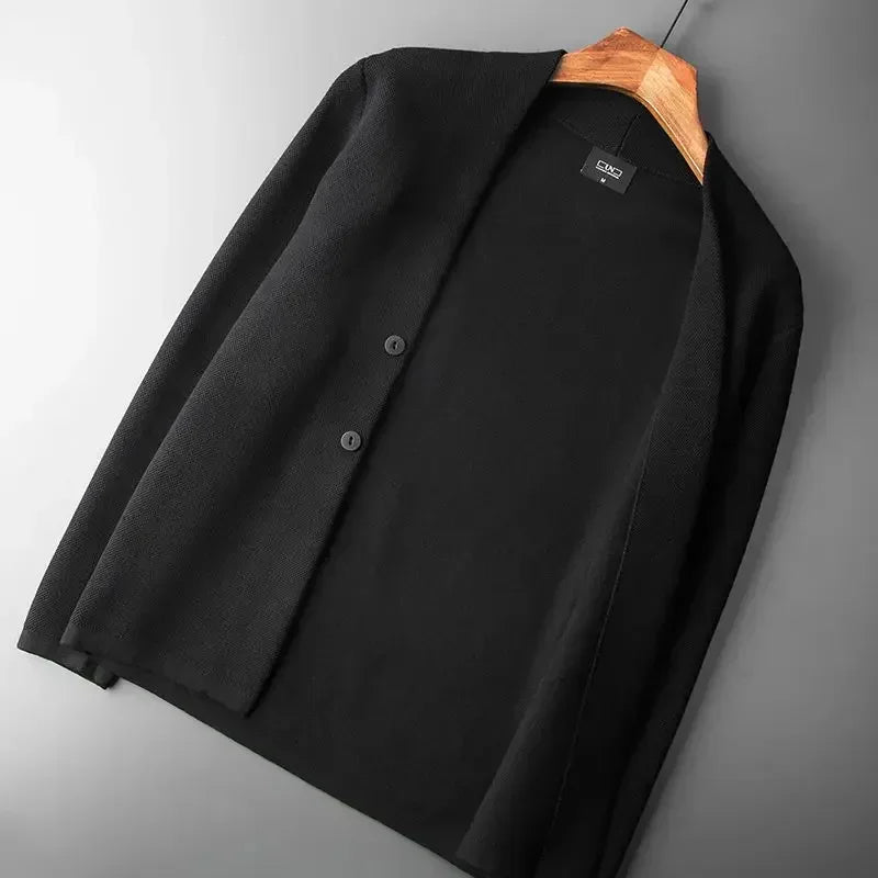 Men's plain knit cardigan with open front and buttons