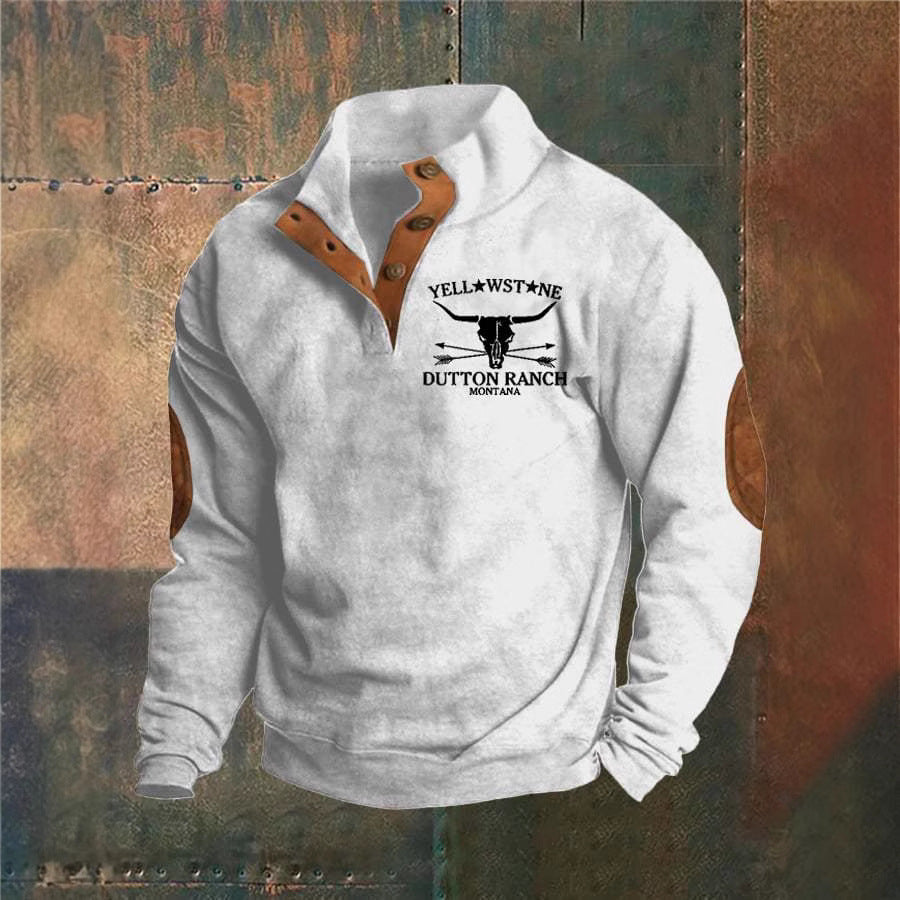 Men's textured quarter-zip sweater with high collar and chest graphic