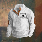 Men's textured quarter-zip sweater with high collar and chest graphic
