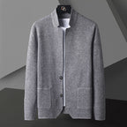 Men's textured knit cardigan with stand collar and patch pockets