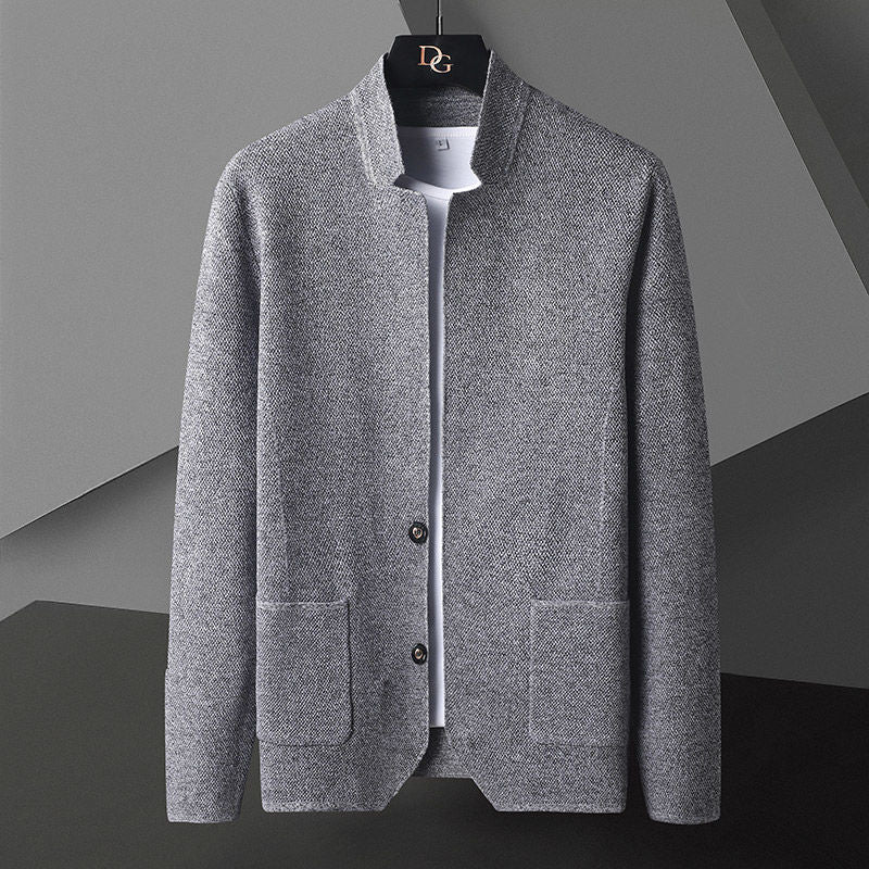 Men's textured knit cardigan with stand collar and patch pockets