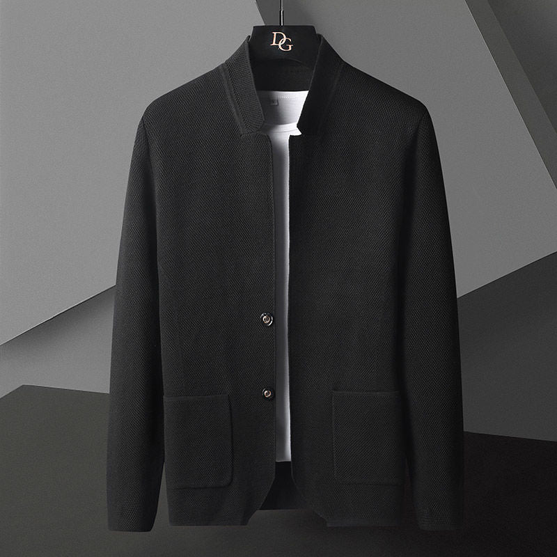 Men's textured knit cardigan with stand collar and patch pockets