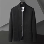 Men's textured knit cardigan with stand collar and patch pockets