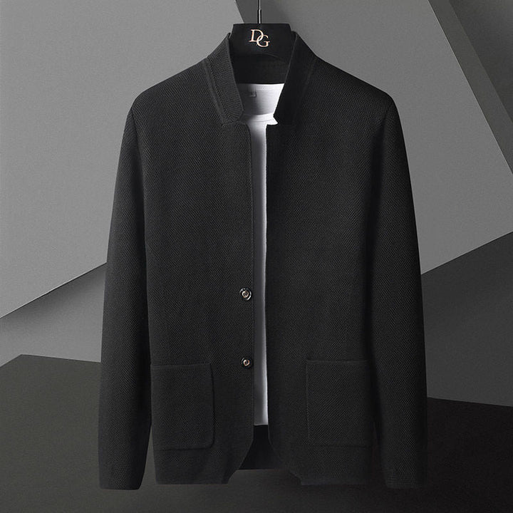 Men's textured knit cardigan with stand collar and patch pockets