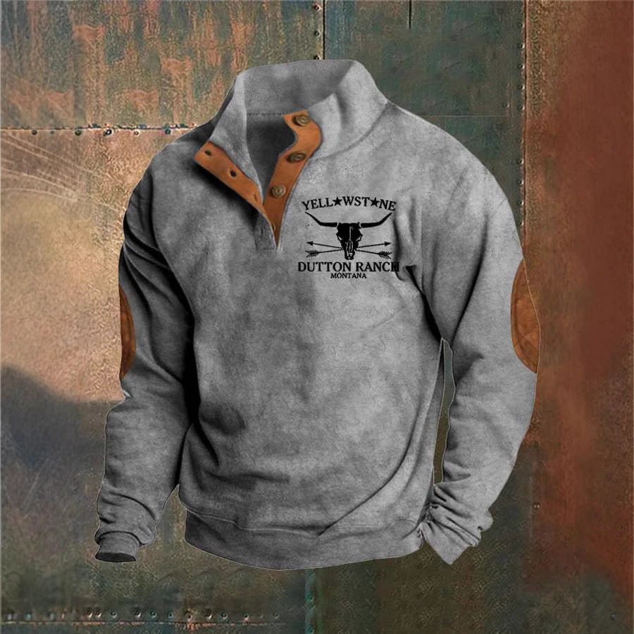 Men's textured quarter-zip sweater with high collar and chest graphic