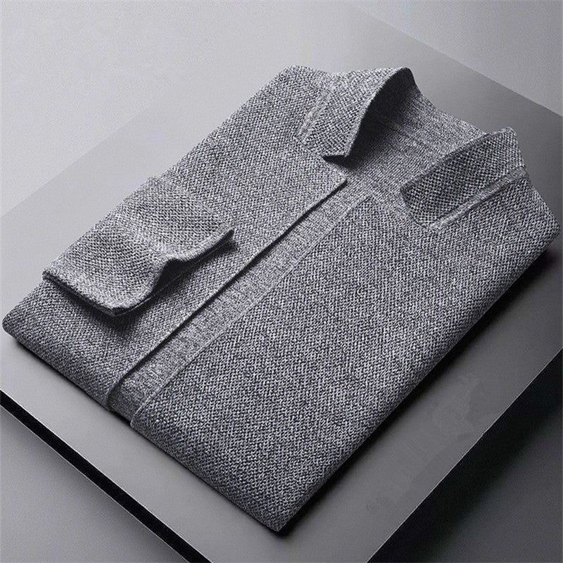Men's textured knit cardigan with stand collar and patch pockets