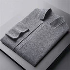 Men's textured knit cardigan with stand collar and patch pockets