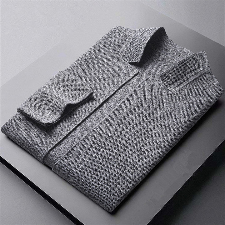 Men's textured knit cardigan with stand collar and patch pockets