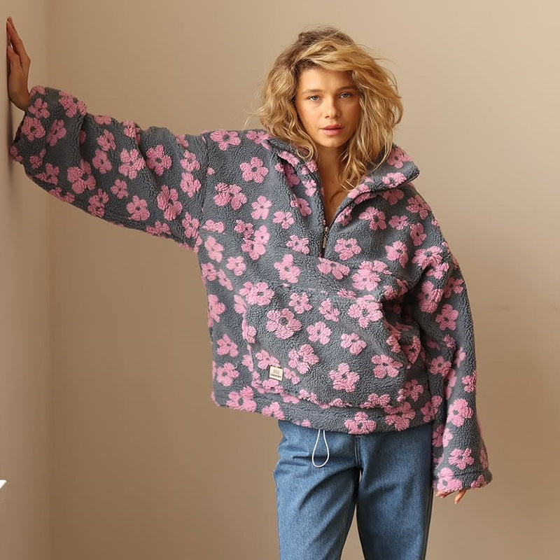 Women's floral half-zip pullover with stand collar and long sleeves