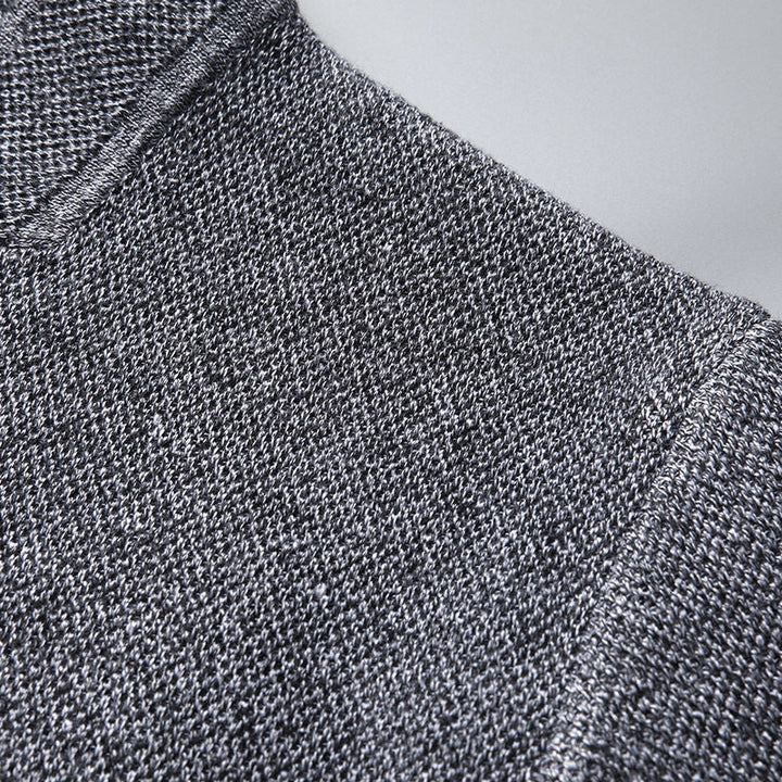 Men's textured knit cardigan with stand collar and patch pockets