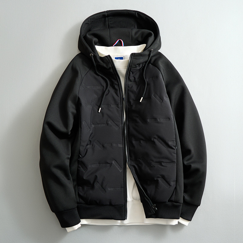 Men's hooded puffer jacket with quilted front and long sleeves