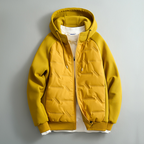 Men's hooded puffer jacket with quilted front and long sleeves