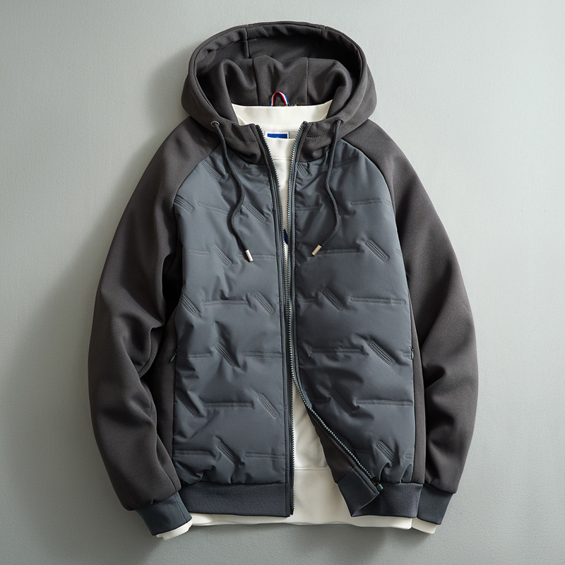 Men's hooded puffer jacket with quilted front and long sleeves