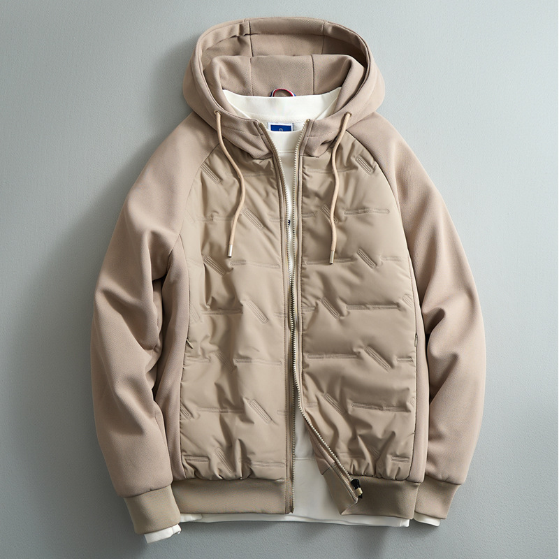 Men's hooded puffer jacket with quilted front and long sleeves