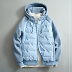 Men's hooded puffer jacket with quilted front and long sleeves