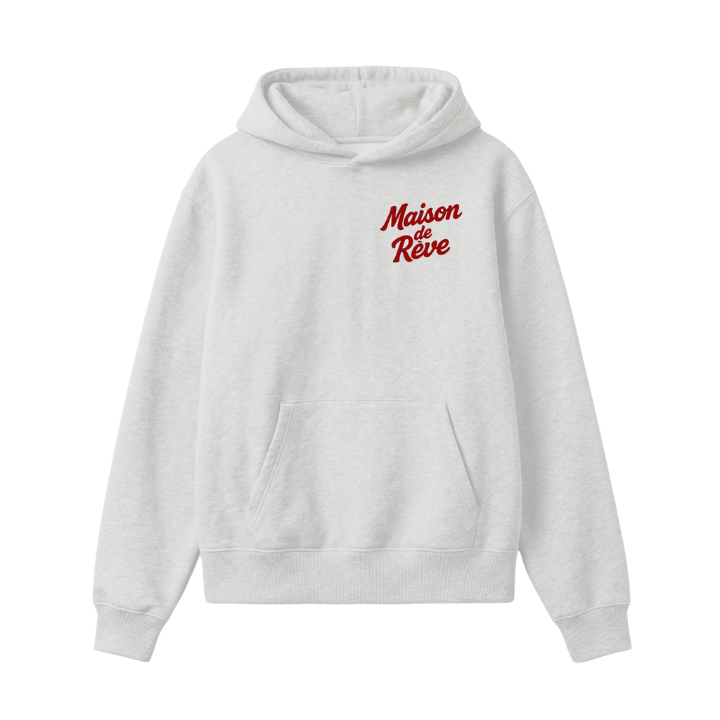 Grey graphic hoodie with red lettering and wine glass design