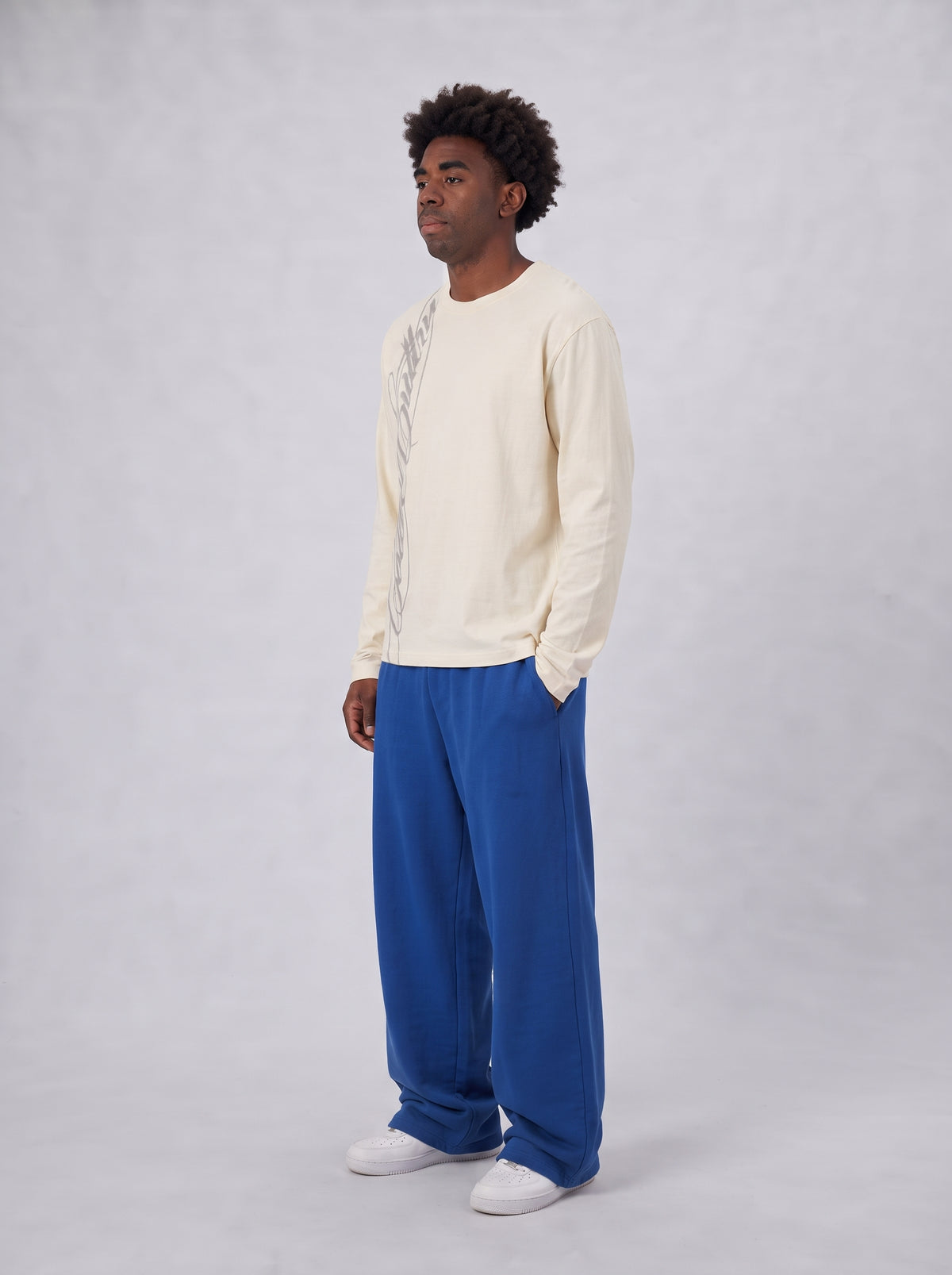 Men's White Waffle Sweatshirt, Graphic Print, Crew Neck