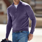 Men's quarter-zip sweater with raised collar and long sleeves